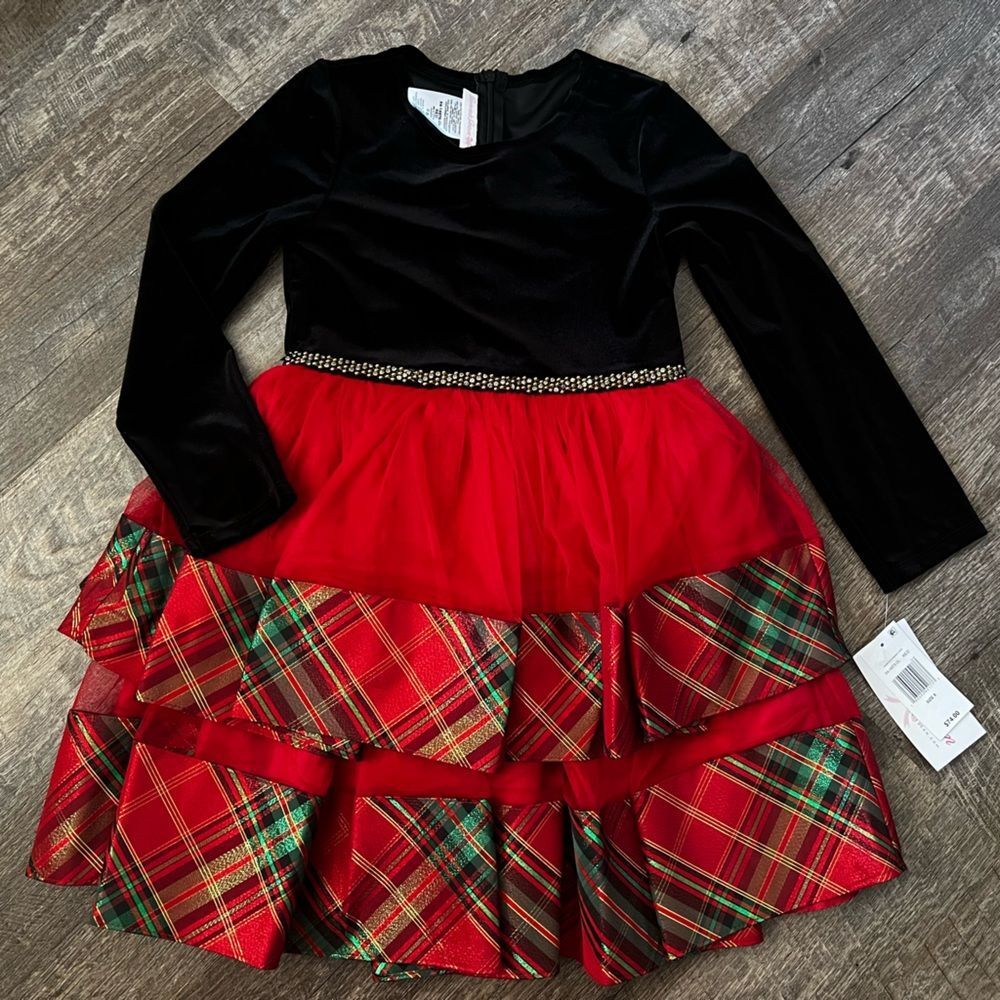 Bonnie Jean Long Sleeve Velvet to Tiered Plaid Dress-Size 8‎